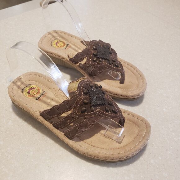 Earth Spirit Gelron Sandals Women’s Size 6.5 Brown Beaded Leather Boho - Picture 1 of 6